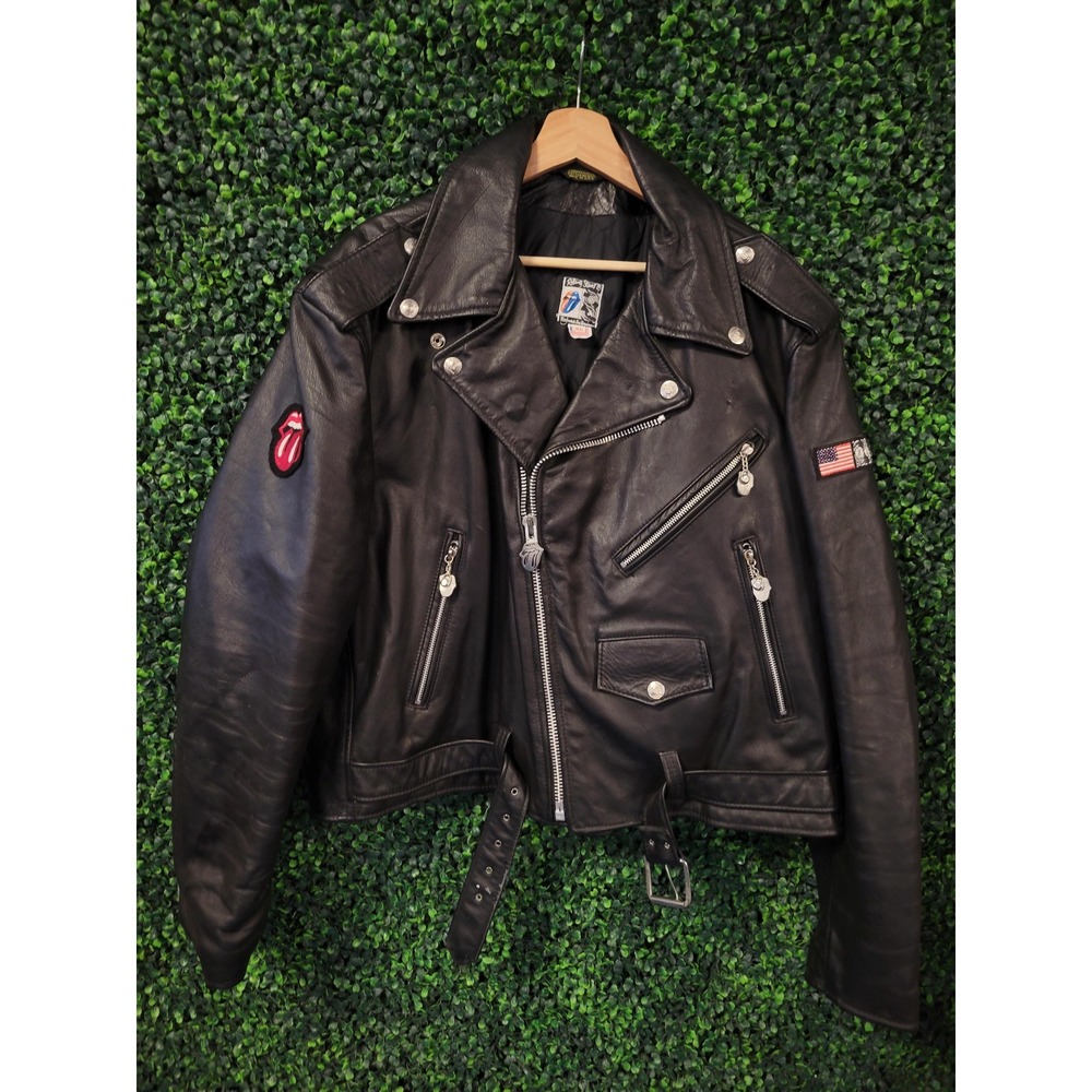 vtg 80s ROLLING STONES TOUR Leather Jacket rare biker belt usa made motorcycle